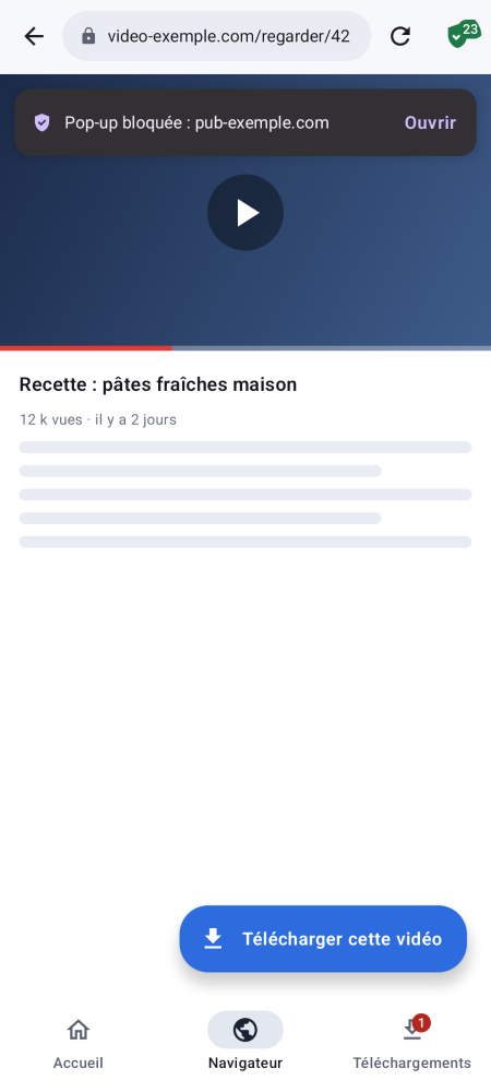 Navigateur de VDL : vidéo en cours, bouton Télécharger cette vidéo et pop-up bloquée