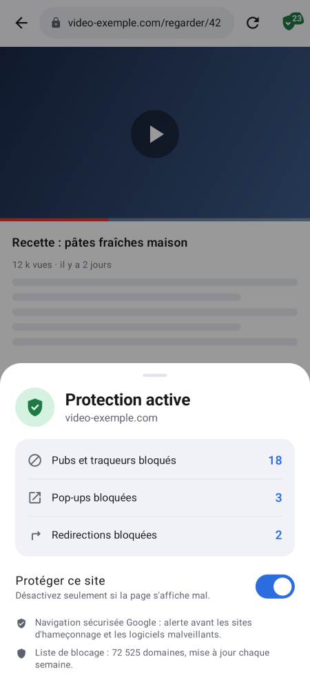 Bouclier : pubs, pop-ups et redirections bloquées sur la page